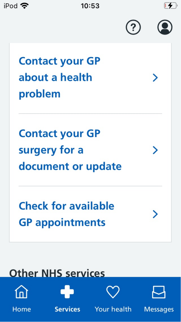 NHS App showing Services menu and