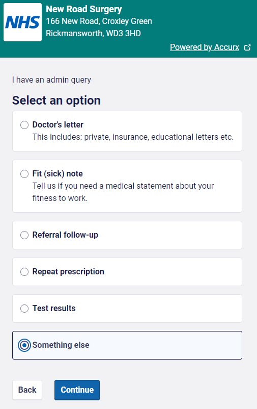 Admin form with various options including "Something else" which should be used for prescription requests not listed in the NHS App.