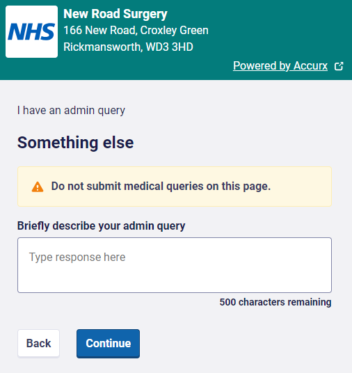 Admin form with space to fill in the name of medicines not available on the list in the NHS app