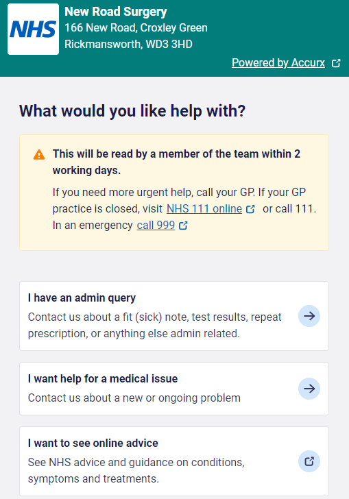 Online form showing options for admin query, medical issue and online advice.